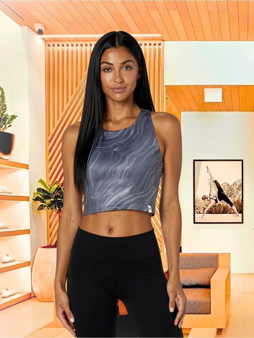 Champion Crop Bluish Charcoal Marble Racerback Tank Top w/ Built-in Sports Bra